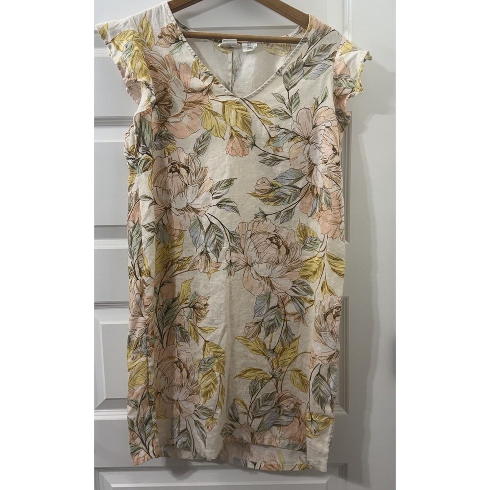 Nicole Miller Floral Linen Midi Dress Size S Ruffle Sleeve Boho Chic Coastal